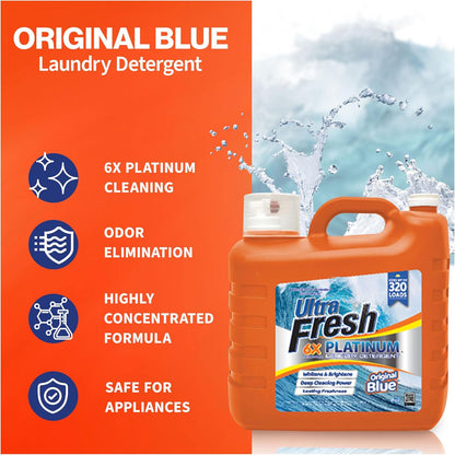Ultra Fresh 2 x 2.5 Gallon Liquid Laundry Detergent Washing Soap for All Machine Types, 6X Platinum, Up to 640 Loads, Original Blue