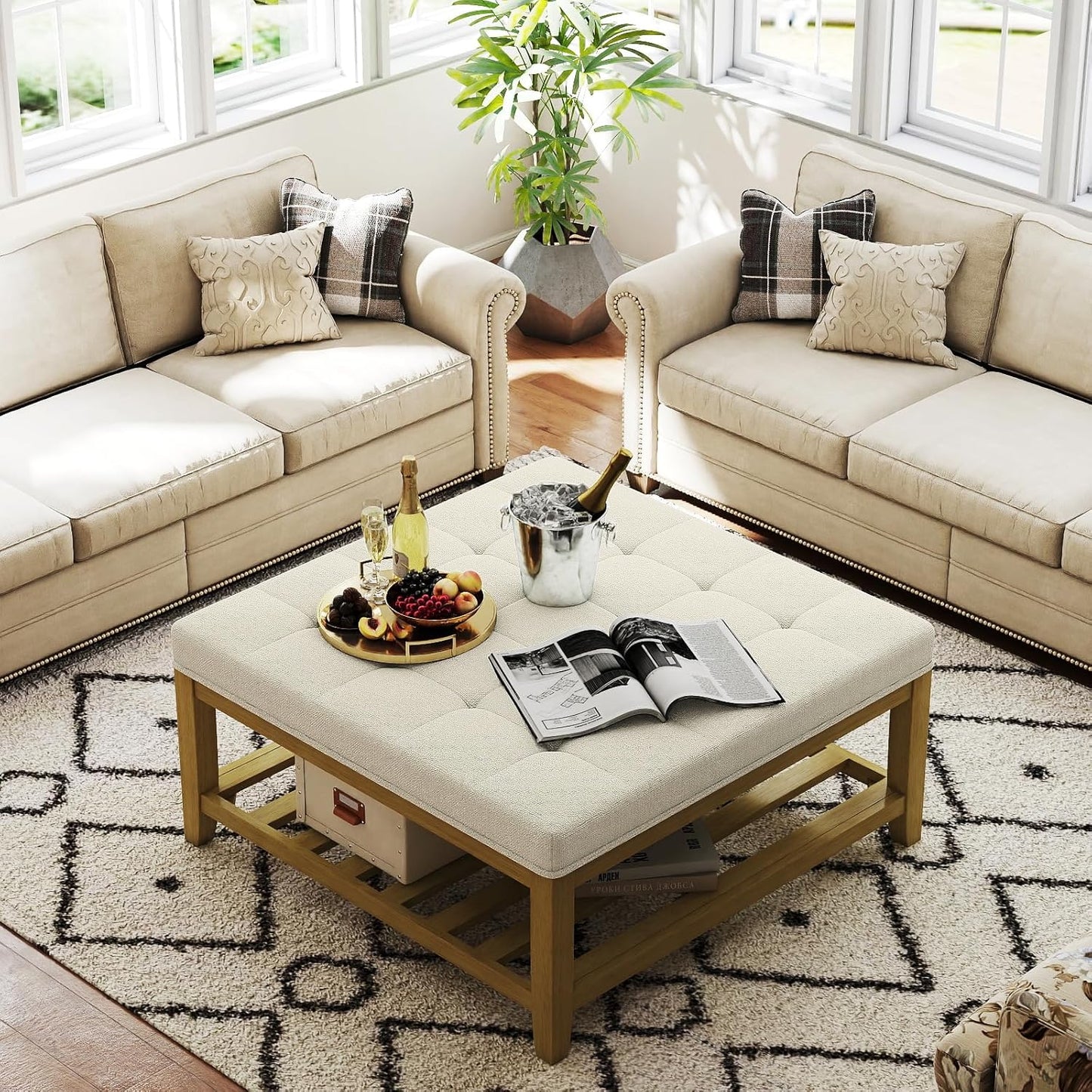 Large Square Ottoman Coffee Table, Linen Solid Upholstered Footrest Ottoman with Solid Wood Shelf Storage Tufted Coffee Table for Bedroom Living Room, Ivory