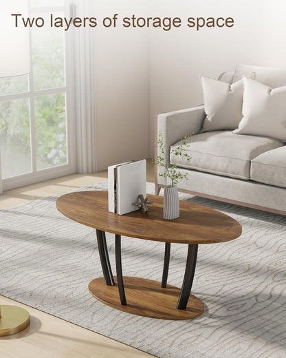 Manora Small Oval Coffee Table with Storage, Farmhouse Industrial Center Table for Living Room, Vintage Tea Table for Small Spaces, Rustic Brown