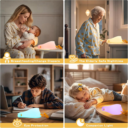 Cute Duck Night Light with Color Changing, APP/Tap Control Fun Lying Flat Ducky Lamp with Blind Box Gift,Soft Silicone Nursery Nightlight,Dimmable/Timing Bedside Touch Lamp,Baby Adults Kids Room Decor