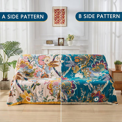 Ultra Soft Lightweight Cotton Quilts,Cozy Summer Boho Throw Blankets,Lightweight Reversible Muslin Blanket Decor Blankets for Armchair Travel, 80"x90" Large Muslin Mexican Throw Blanket