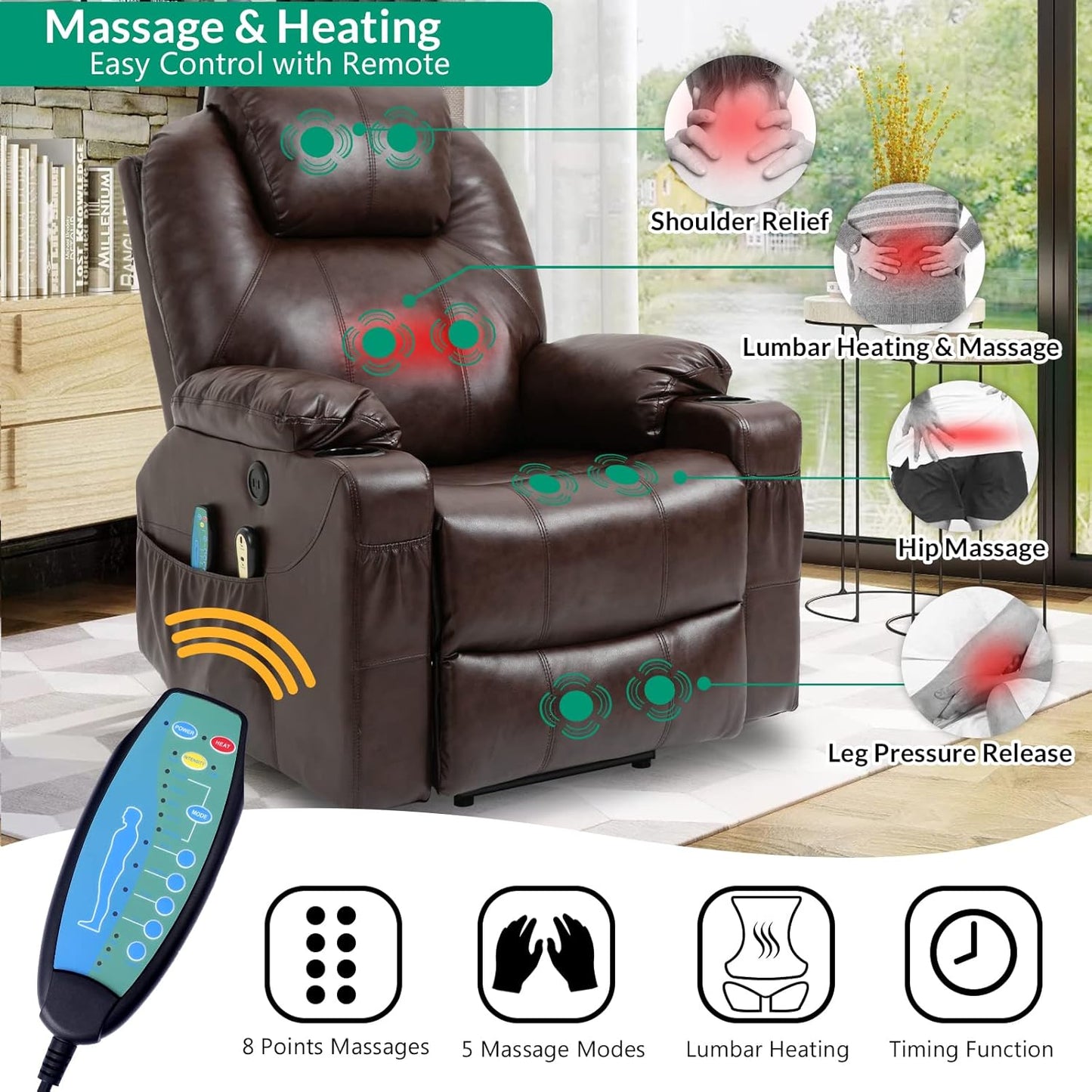 VIVIJASON Power Lift Chair Electric Recliner for Elderly Heated Vibration Massage Faux Leather Recliner Chair with 2 Remote Controls, Cup Holders, Side Pockets & USB Ports for Living Room (Brown)