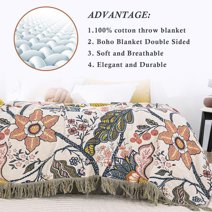 Snycler Boho Throw Blanket for Bed, 100% Organic Cotton Muslin Soft Throw-Floral Farmhouse Rustic Spring Summer Fall Decor Blanket for Couch Sofa Quilt and Gift, 80" x 90" White