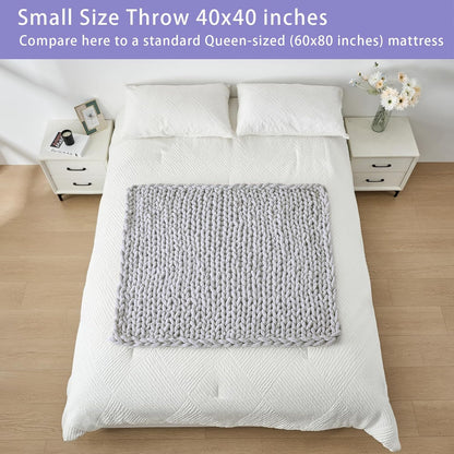 Bigacogo Chunky Knit Throw Blanket for Couch, 40x40 inches, 100% Hand Knitted with Thick Jumbo Chenille Yarn, Cozy Soft Large Rope Knot Cable Crochet Blankets for Sofa Bed Living Room, Light Grey