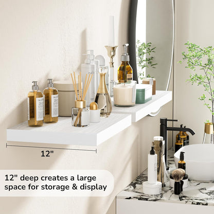 Fun Memories Floating Shelves - 2 Pack 12 Inch Deep Rustic Wooden Wall Shelves - Extra Deeper & Thicker Wall Mounted Storage Shelf for Living Room, Kitchen, Farmhouse - 16" W x 12" D x 1.5" H - White