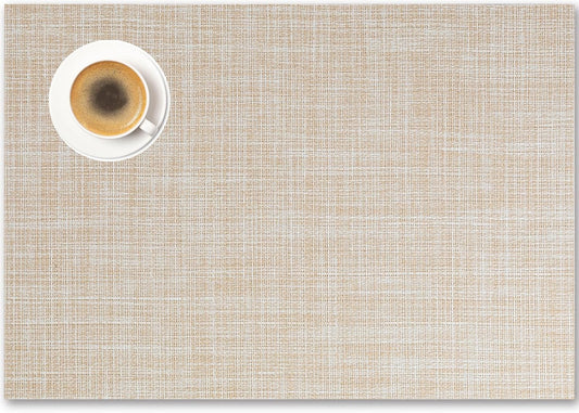 Placemats Set of 4 - Easy Clean Woven Vinyl Placemat for Dining Table, Indoor/Outdoor Place Mats, Washable PVC Table Mats（Beige）