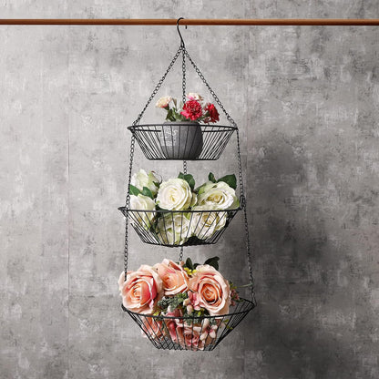 3-Tier Wire Fruit Hanging Basket 2 Packs,non-Punching Wall Hanging Storage,Kitchen Bathroom Organization Basket,Suitable for Bathroom,Kitchen,Closet,Garden,Black