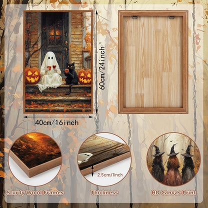 HLNIUC Framed Halloween Canvas Wall Art,Dark Witch Crow Raven Prints,Black Cat Decor,Horror Gothic Ghost Pictures Set of 3 (16"X24") Scary Pumpkin Wall Decor for Party Living Room Bedroom Decoration