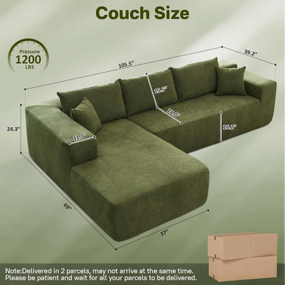 104" Cloud Sectional Couches for Living Room,L Shaped Boneless Couch in A Box,Sleeper Sofa with Comfy Chaise No Assembly Required,Green