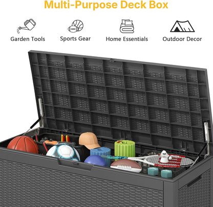 100 Gallon Deck Box Outdoor Waterproof, Rattan Outdoor Storage Box, Patio Storage Boxes for Cushions, Pillow, Garden Tools, Equipment