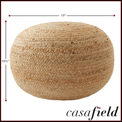 Casafield Hand-Braided Jute Pouf Ottoman Footrest, 19" Round x 10-1/2" High, Natural Woven Boho Floor Cushion, Home Decor for Living Room, Bedroom, Apartment