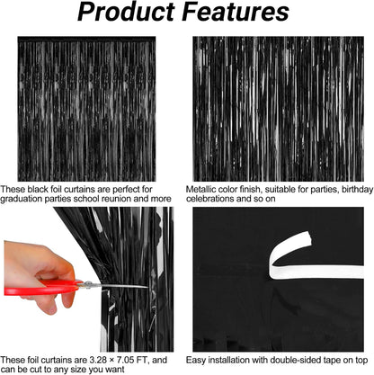2 Pack 2025 Graduation Party Decorations, 3.28 FT x 7.05 FT Black Backdrop, Metallic Graduation Photo Backdrop Fringe Curtains Tinsel Backdrop Foil Streamer, Grad Party Supplies Photo Booth Props