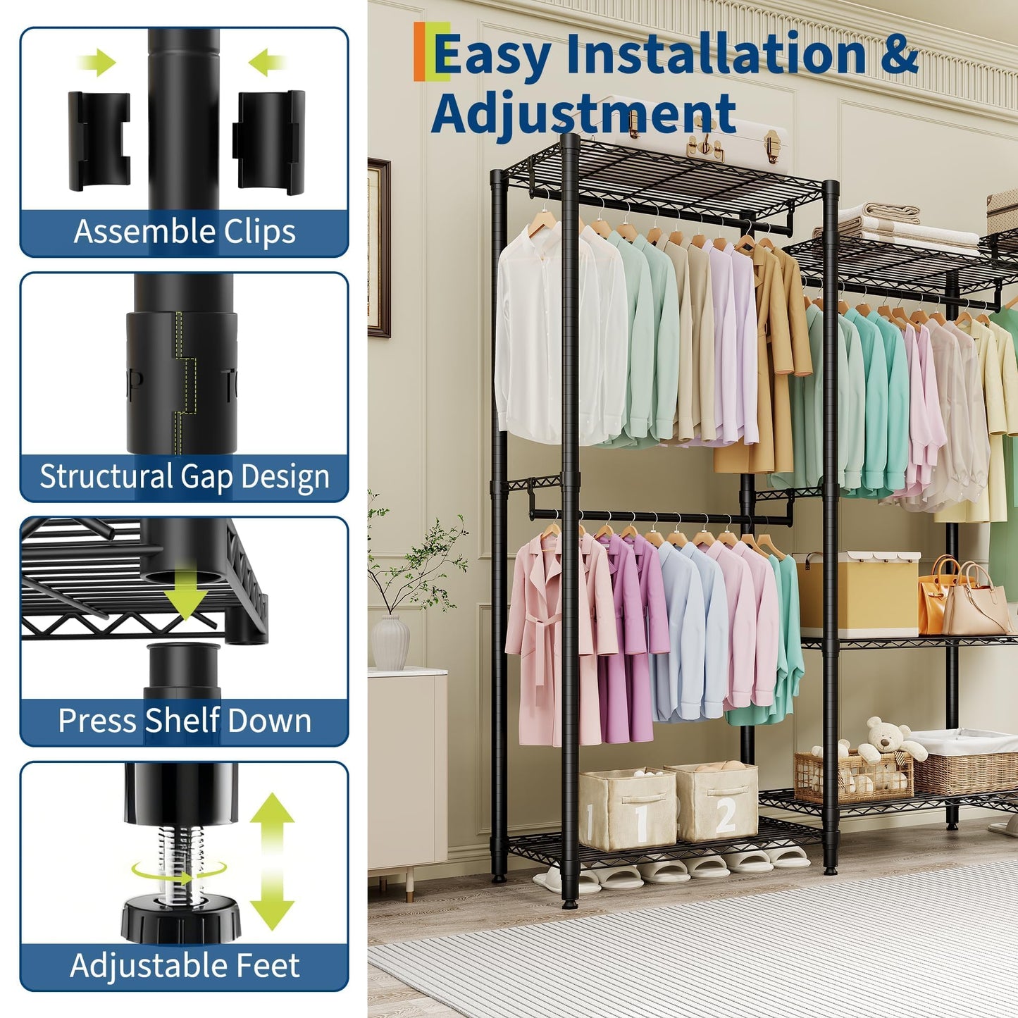 Garvee Clothes Rack Heavy Duty Freestanding 4 Hanging Rods Adjustable