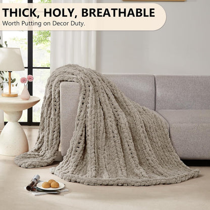 L'AGRATY Chunky Knit Blanket Throw: 50''x60'' Chenille Chunky Knitted Throw Blanket for Bed Couch - Handmade Thick Big Cable Knit Blanket - Large Crochet Rope Blanket for Home Decor(Light Linen)