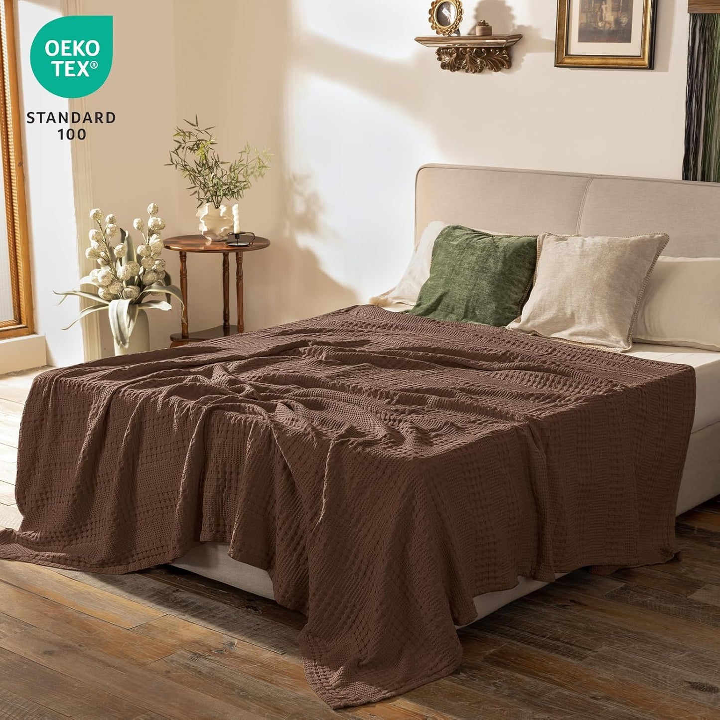 PHF Cooling Waffle Blanket Queen Size, Lightweight 60% Rayon Derived from Bamboo & 40% Cotton Breathable Blanket for Hot Sleepers, Soft and Luxury for Bed Couch and Sofa, 90"x90", Cocoa Brown