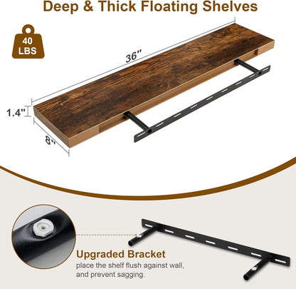 Floating Shelves 36 Inch Long, Deep Floating Shelf for Wall, 36 x 8 Floating Shelves Set of 2, 8 Inch Deep Wall Shelves for Living Room, Kitchen, Bedroom, Large Storage Shelves, Rustic Brown
