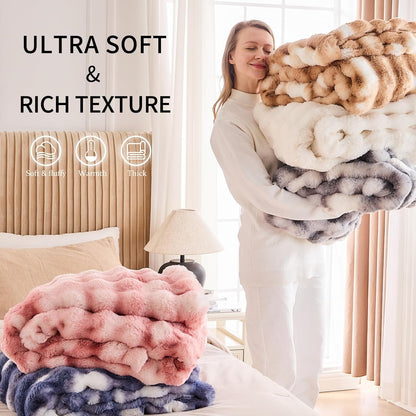 Cozy Faux Fur Throw Blanket for Bed-Warm Fuzzy Throw Blanket, Soft Plush Thick Bubble Blankets for Bedroom and Living Room, Furry Luxury Blanket, 90 x 90, Tie-Dye Brown