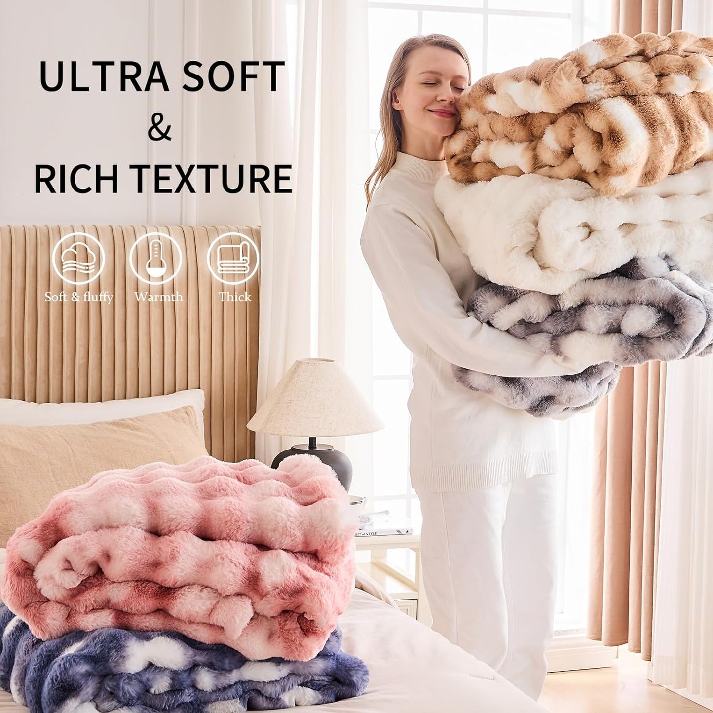 Cozy Faux Fur Throw Blanket for Bed Warm Fuzzy Throw Blanket, Soft Plush Thick Bubble Blankets for Bedroom and Living Room, Furry Luxury Blanket, 90 x 90,Tie-Dye Grey
