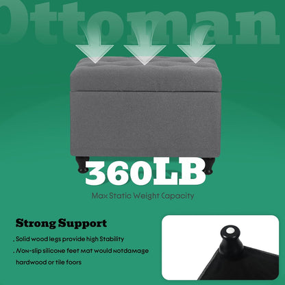 Ottoman with Storage 24'' Storage Ottomans Fabric Ottoman Footstools Small Upholstered Foot Rest Stool for Couch, Living Room, Bedroom, Entrance Shoe Bench Grey