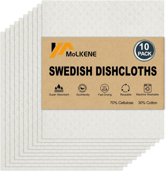 Swedish Dishcloths for Kitchen | 10 Pack Absorbent Cellulose Sponge Cloths Washable | Non-Scratch