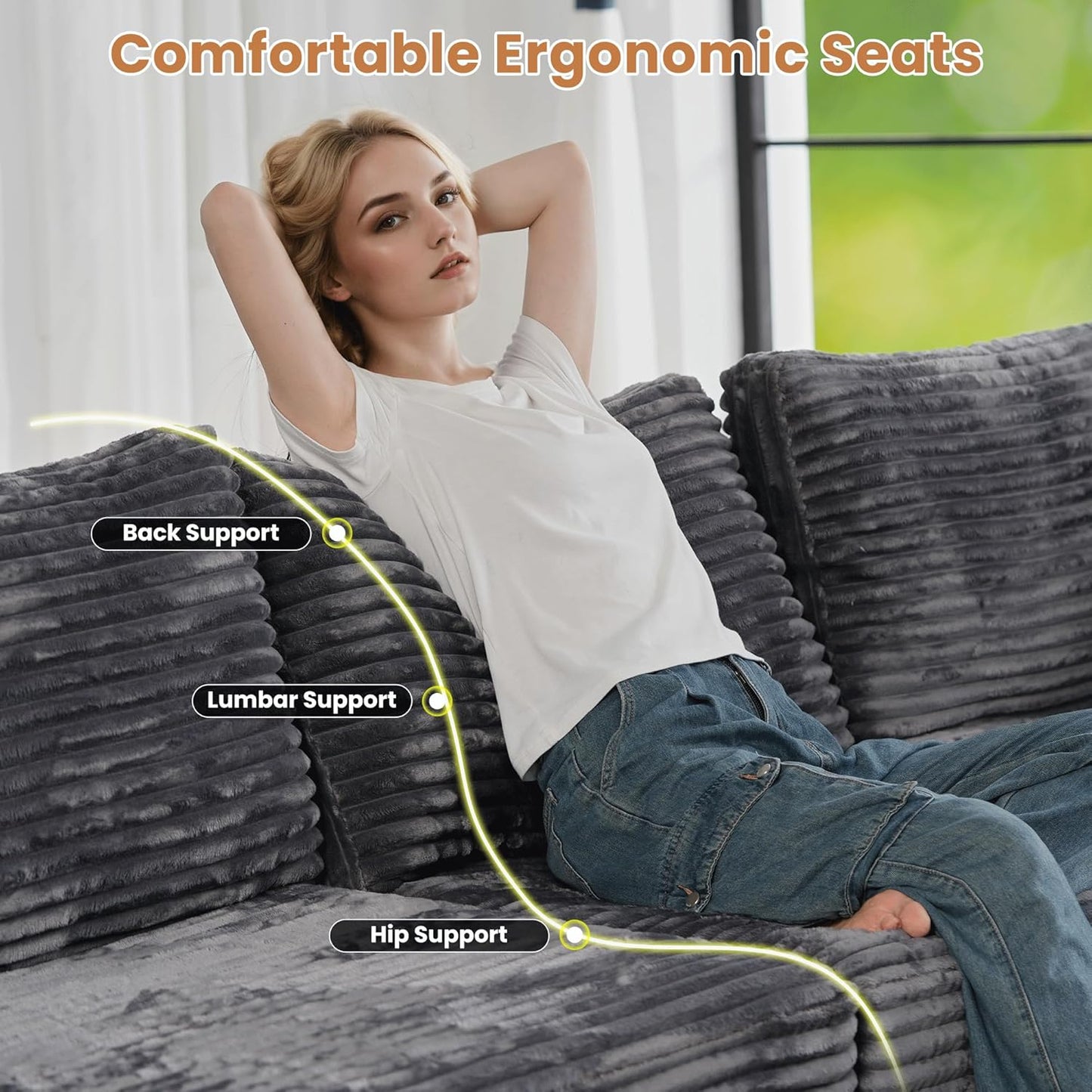 ovios Sectional Sofa Couch with U-Shape Chaise Sofa Bed, Comfy Modular Cloud Couches with Deep Seat, Modern Upholstered Plush Corduroy Sofas Set for Living Room, 7-Seater, Grey