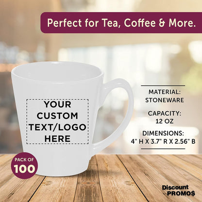 DISCOUNT PROMOS Custom Glossy Ceramic Latte Coffee Mug 12 oz. Set of 100, Personalized Bulk Pack - Perfect for Tea, Espresso, Cappuccino, Hot Cocoa - White