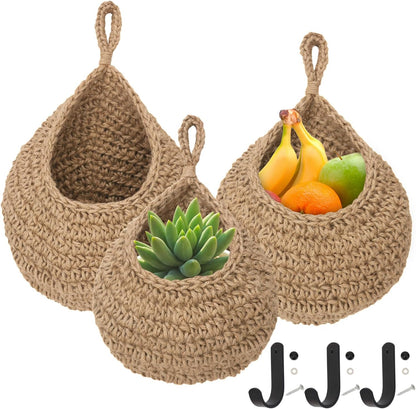3 Pack Hanging Wall Basket with Hook, 3 Size Wall Hanging Fruit Baskets, Hanging Baskets for Organizing, Hanging Fruit Baskets for Kitchen, Restaurant, Coffee Shop, Party and Garden Decor