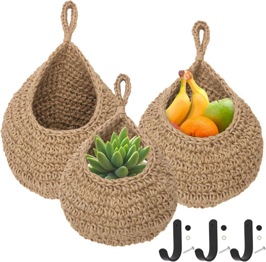 3 Pack Hanging Wall Basket with Hook, 3 Size Wall Hanging Fruit Baskets, Hanging Baskets for Organizing, Hanging Fruit Baskets for Kitchen, Restaurant, Coffee Shop, Party and Garden Decor