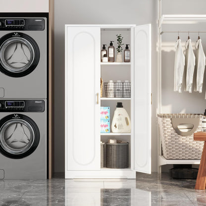 Kitchen Pantry Cabinet,60”Metal White Storage Cabinets with Doors and Shelves,Tall Cabinet with 2 Gold Hands for Dinning Room,Living Room