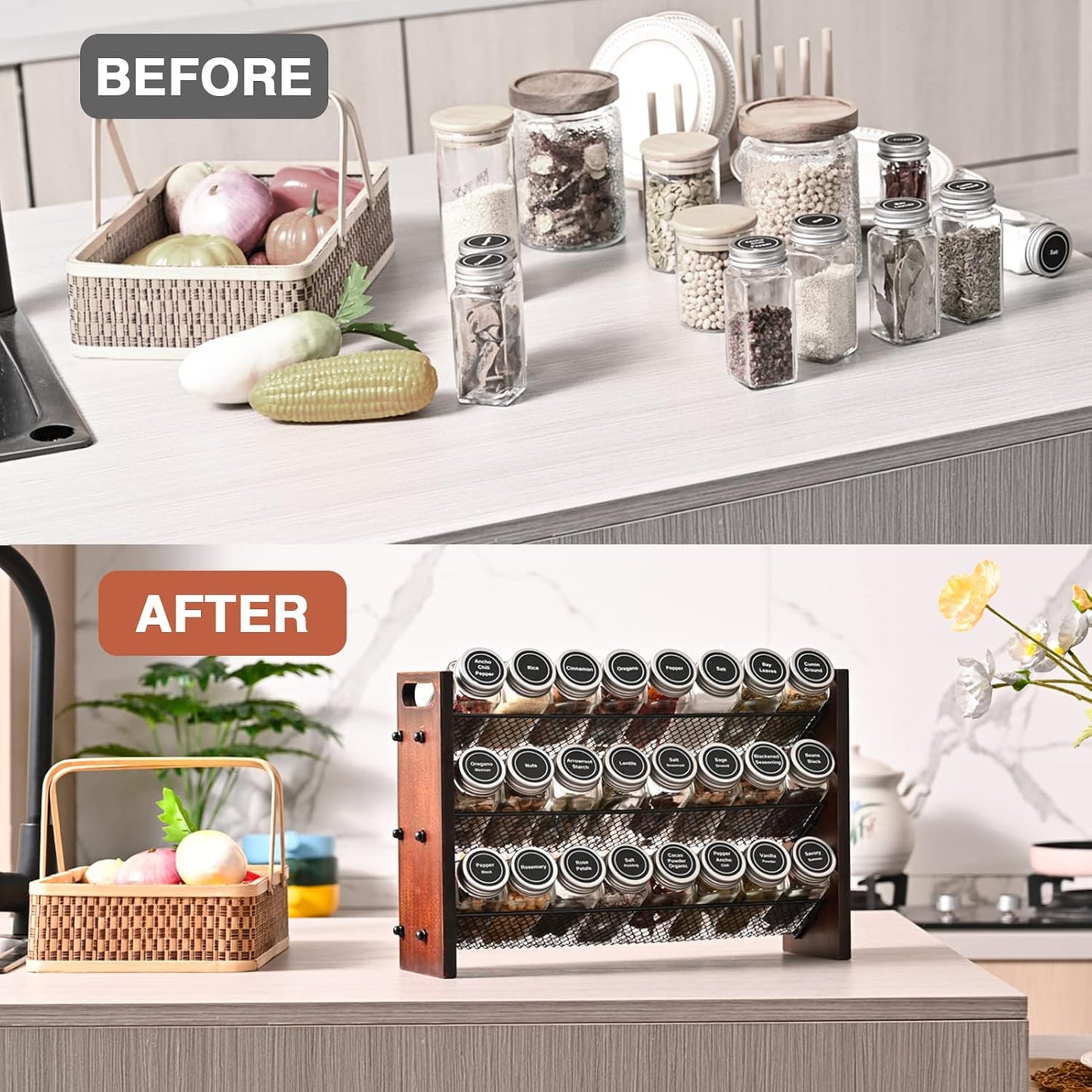 Spice Rack, Spice Rack Organizer without Seasoning Jars, Wooden Rustic 3 Tier Kitchen Spice Organizer Shelf for Cabinet, Countertop or Wall Mount