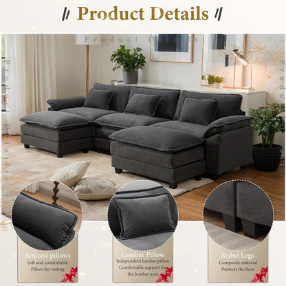 URRED Modular Sectional Sofa Comfy Cloud Couch, Modern Velvet Sofa Sleeper Deep Seat Couches with Ottoman/Pillows for Living Room (Dark Gray, 117'' - U Shape)