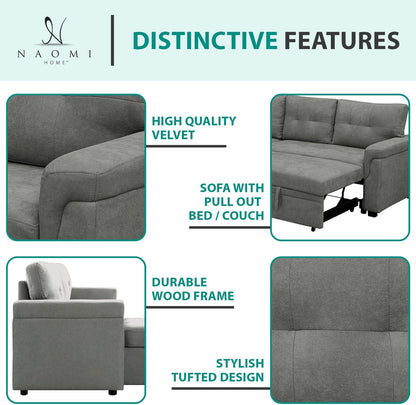 Naomi Home L-Shaped Reversible Sectional Sofa with Pull-Out Sleeper Bed and Storage Chaise, Gray Velvet