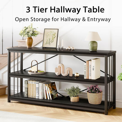 LVB Black Entryway Table, Modern Extra Long Sofa Console Table, Metal Wood Narrow Hallway Table with Storage Shelves, Industrial Skinny Foyer Couch Tables for Living Room Bedroom, Black Oak, 70 Inch