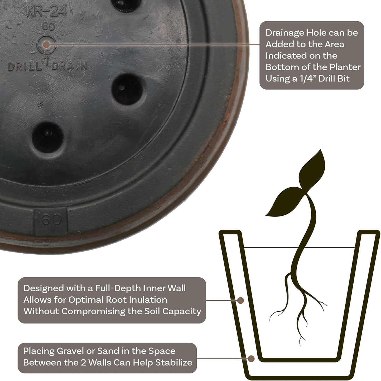 Sunnydaze 24-Inch Anjelica Large Plastic Pot for Plants - Outdoor Polyresin Round Planter with Drillable Drainage Holes - Rust - 2pk