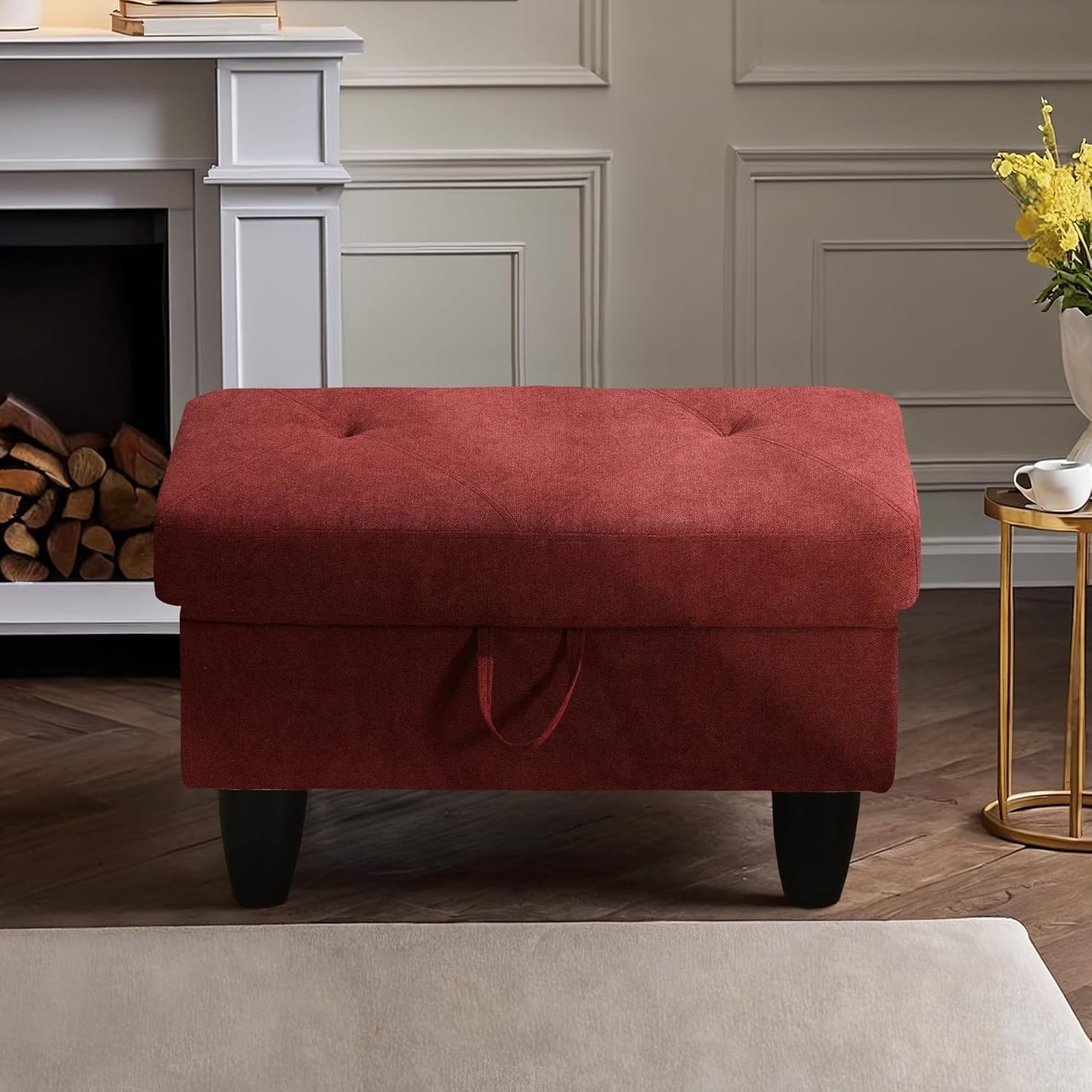 Ottoman Rectangular Storage Ottoman Bench, Flannel Footrest Stool Footstool with Lid for Living Room, Bedroom, Entryway, Red, 28.5"x19"x17.5"