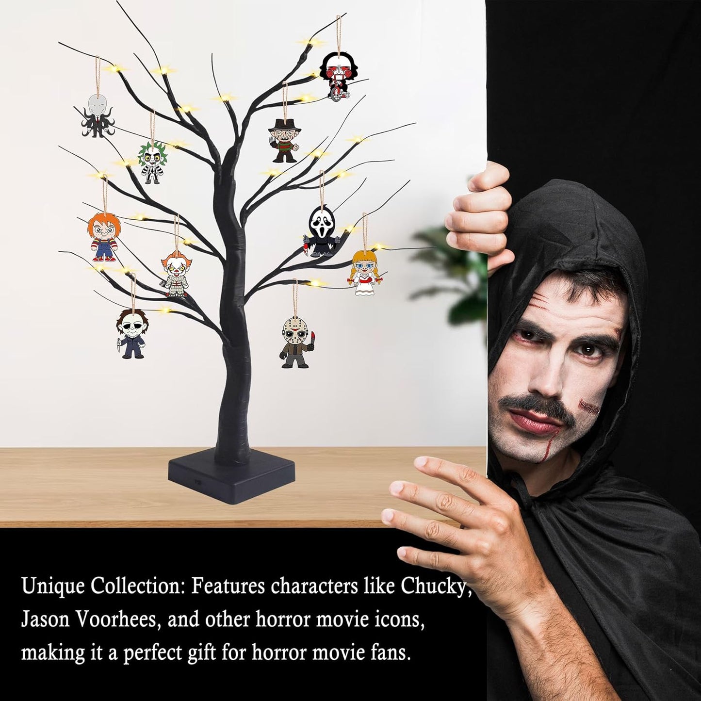 Black Halloween Tree with LED Lights and Spooky Wooden Hanging Ornaments Horror Movie Ornaments, Light Up Halloween Decor