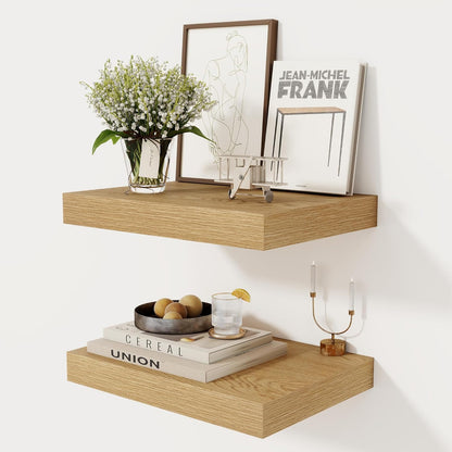 12 Inch Deep Floating Shelves, 16 x 12 Floating Shelf for Books, Rustic Wood Deep Wall Shelves for Home Storage & Display, 2" Thicked Shelves for Kitchen, Living Room, Bedroom, Oak Color, 2 Pack