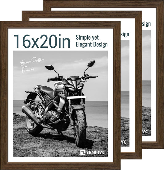 16x20 Picture Frame Set of 3 - Brown Woodgrain, Wood Poster Frame, HD Tempered Glass, Wall Gallery Hanging