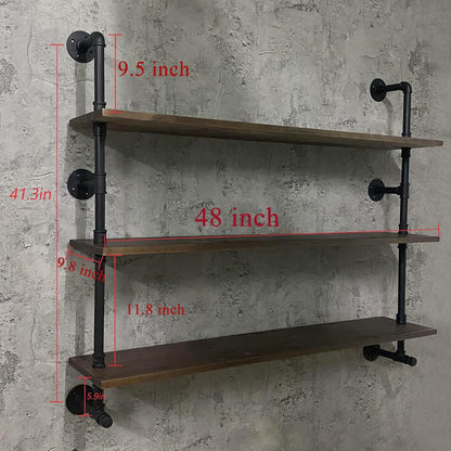 Industrial Pipe Wall Shelves Pipe Shelving with Real Wood Plank ,48 Inches Floating Shelves for Wall Farmhouse Pipe Book Shelves Dark Brown 3 Tier for Kitchen,Living Room Decor and Bar Shelving