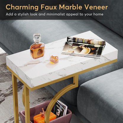 Tribesigns Narrow Side Table White Gold C Shaped End Table Modern Bedside Tables Small Chairside Table for Couch, Sofa Table with Metal Frame for Living Room (1, White+Gold)