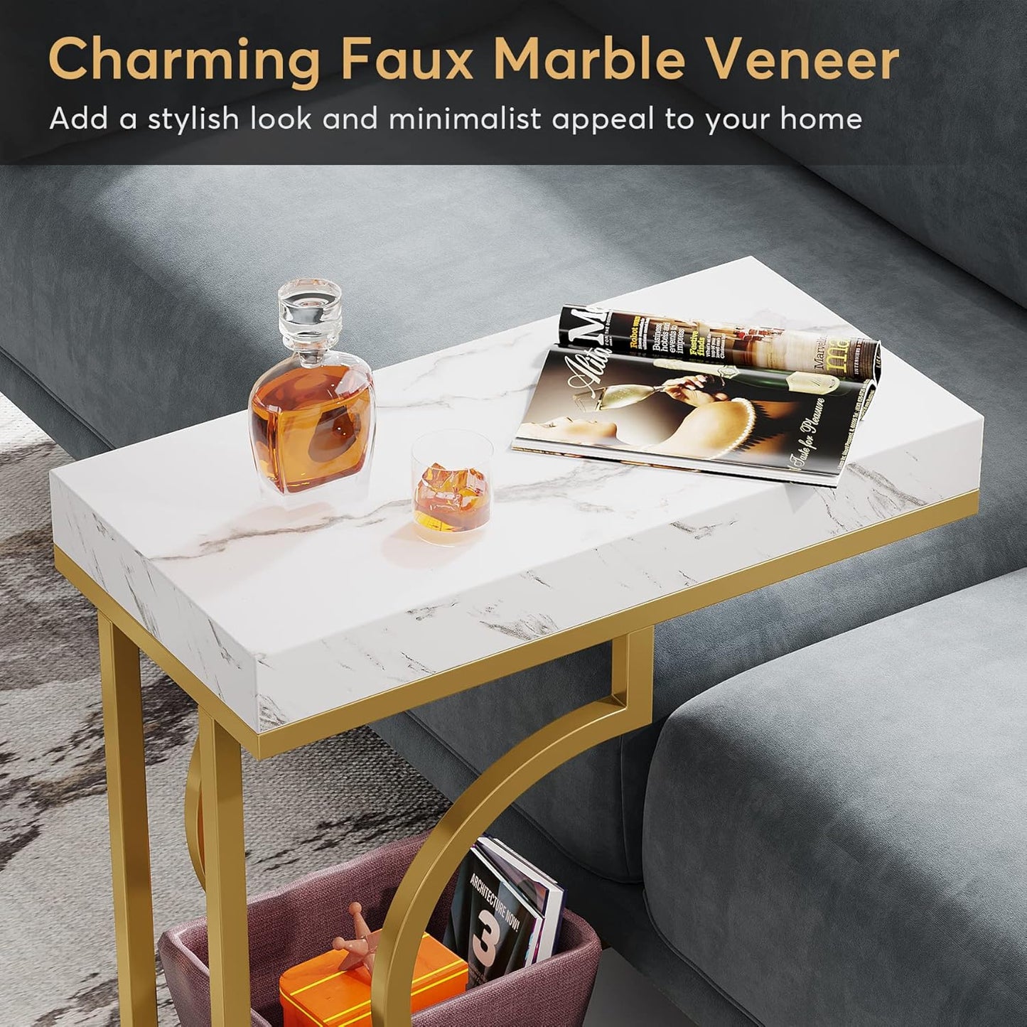 Tribesigns Narrow Side Table White Gold C Shaped End Table Modern Small Bedside Tables for Couch, Sofa Chairside Tables with Metal Frame for Living Room (2, White+Gold)