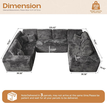 Cloud Sectional Couches for Living Room,U Shaped Modular Sofas No Assembly,135x79 Inches Plush Corduroy Oversized Floor Couch Set with Deep Seat Chaise,Grey