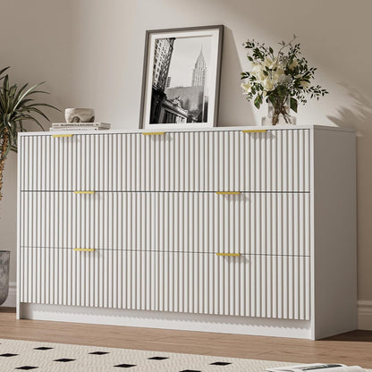 White 7 Drawer Dresser for Bedroom, Modern Fluted Dresser with Gold Metal Handles, Wide Chest of Drawers for Bedroom,Living Room, Entryway, Hallway, 55.9" L x 15.7" D x 31.4" H