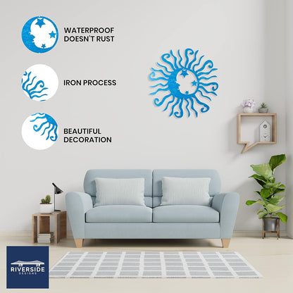 Riverside Designs Wacky Solar Moon Metal Wall Art Steel Outdoor Decor | Heavy-Duty and Waterproof | Made in USA (Teal, 24L x 24W)