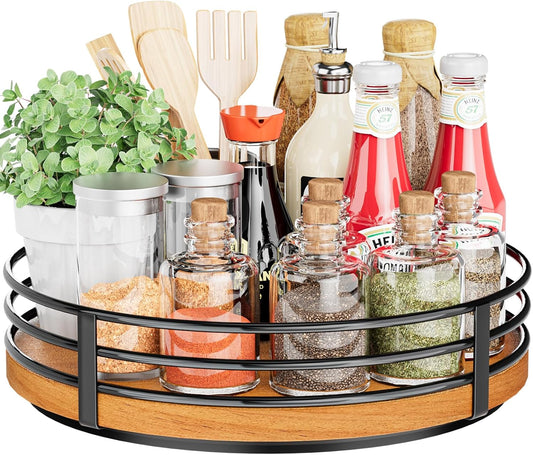 Wood Lazy Susan Turntable Organizer - 11" Round Wooden Lazy Susan for Cabinet Kitchen Countertop Dining Table Pantry Cupboard Bathroom Coffee Bar Spice Storage Home Decor
