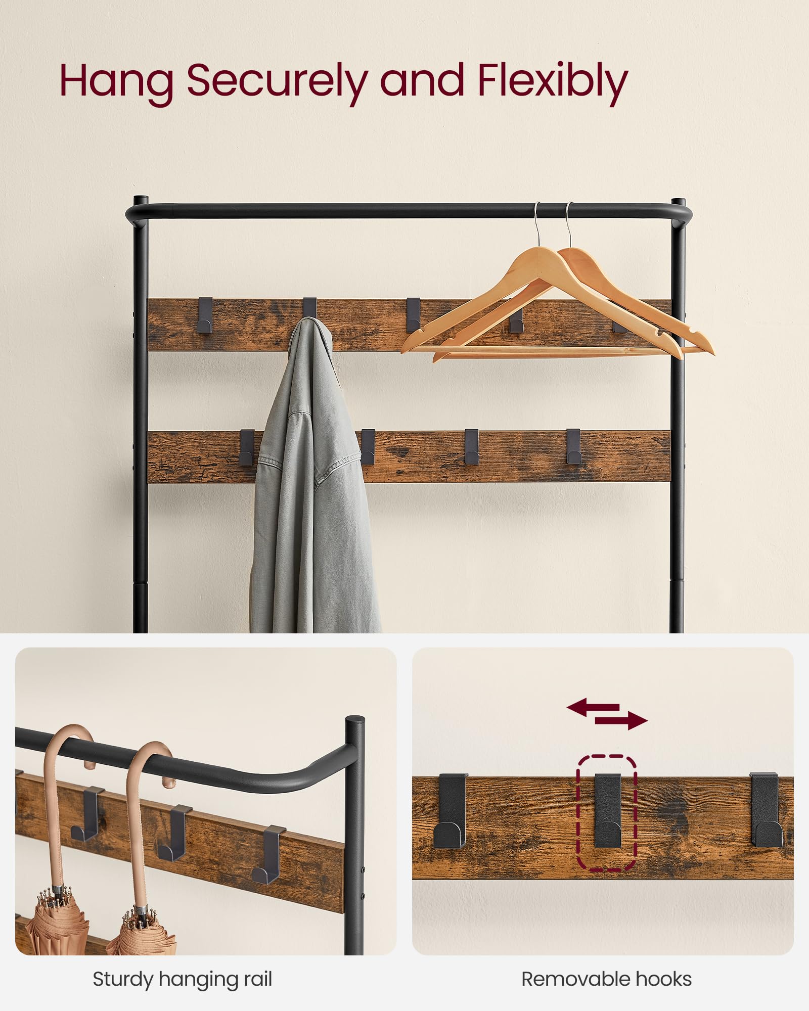 VASAGLE Hall Tree with Bench and Shoe Storage, Entryway Bench with Coat Rack Stand and Shoe Rack, 9