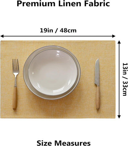 Demetex Yellow Placemats Set of 8 Linen Fabric Placemat Heat Resistant Washable Place Mats for Kitchen Party Dinner, 13x19 inch, Yellow
