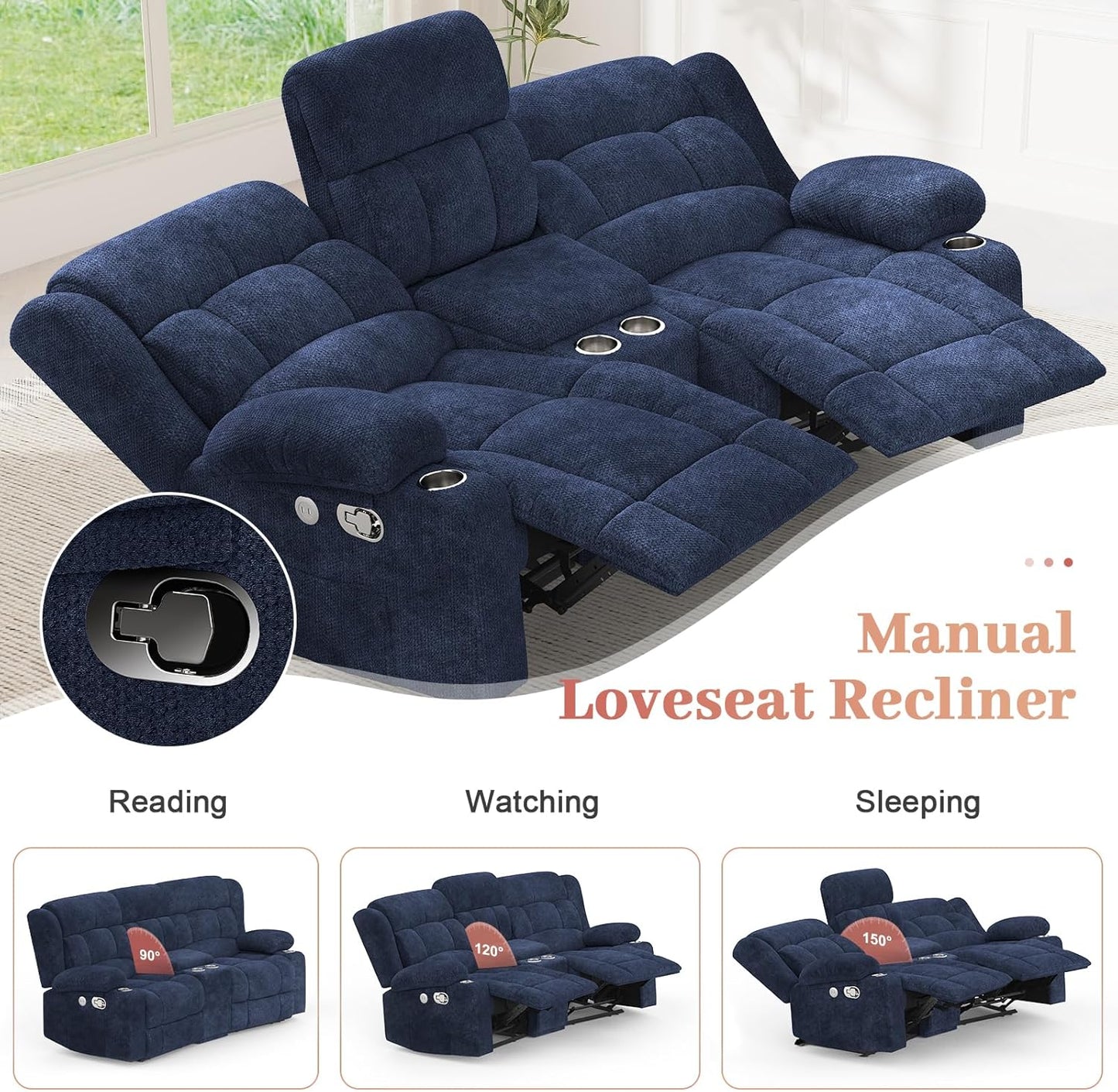 Loveseat Recliner Sofa, 2 Seater Curved Sofa for Living Room, Fabric Manual Pull Tab Reclining Loveseat with Storage Console, Recliner Loveseat Couches with USB Charge Ports, Cup Holders, Blue