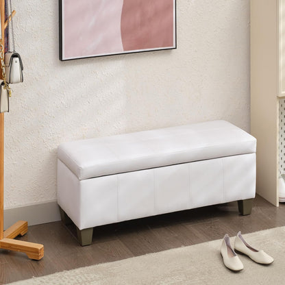 White Faux Leather Ottoman with Storage, Rectangular Extra Long Storage Bench for Bedroom and Living Room