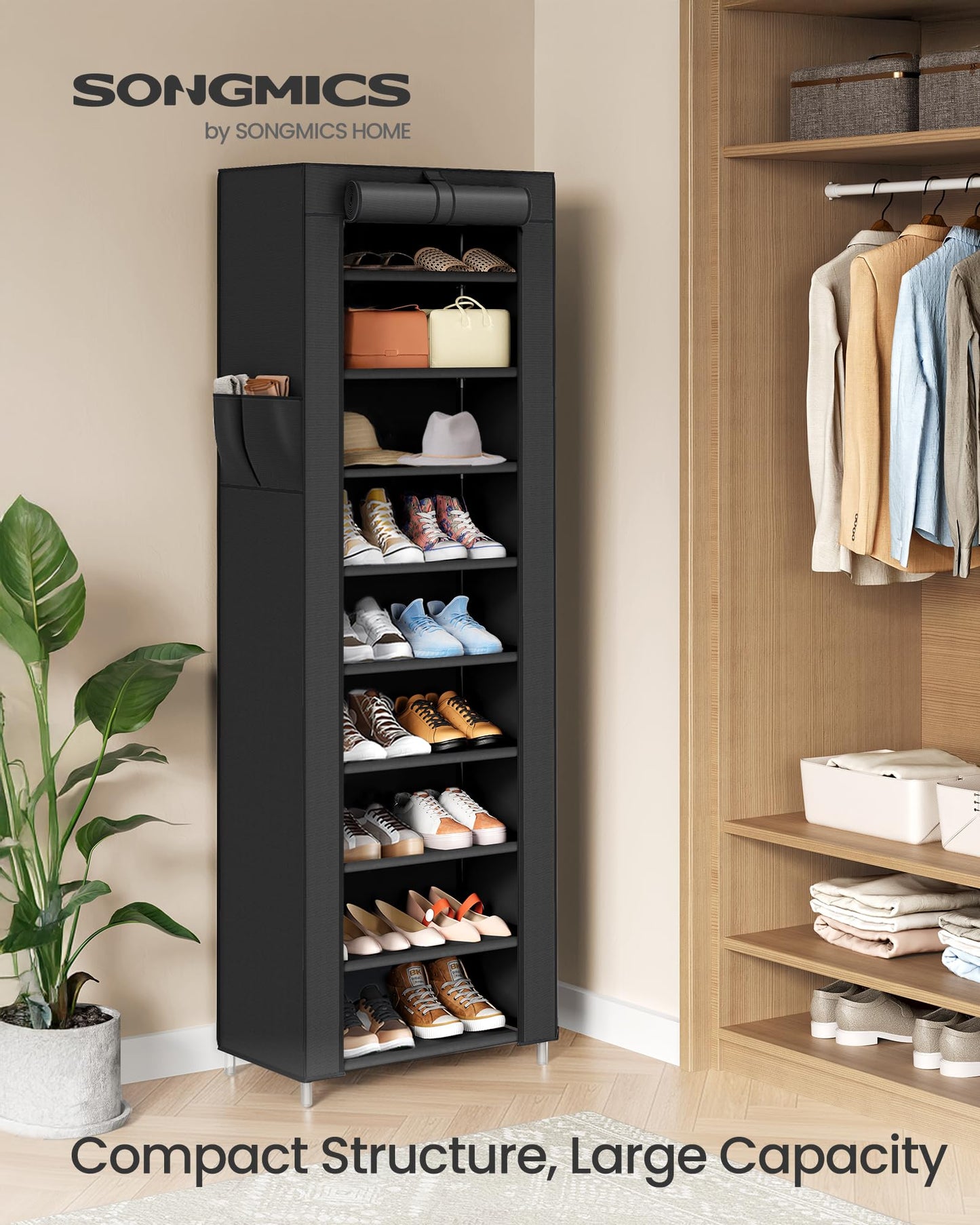 SONGMICS 10-Tier Shoe Rack, Shoe Storage Cabinet with Dustproof Cover, Free-Standing Storage